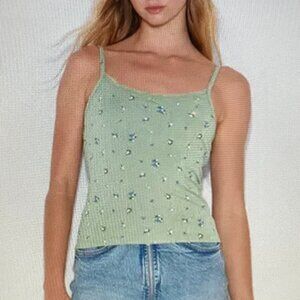 Wild Fable Green Ribbed Floral Cami Tank Top Women Size L